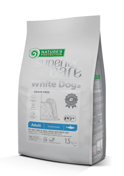 Сухий корм для собак малих порід з білою шерстю, з оселедцем Nature's Protection SC White Dogs Grain Free with Herring Adult Small Breeds, 1,5 кг NPSC47297 фото