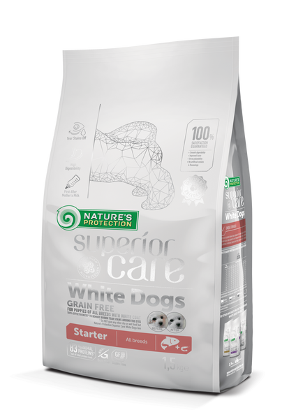 Сухий корм для цуценят з білою шерстю, з лососем Nature's Protection Superior Care White Dogs Grain Free Starter All Breeds, 1,5 кг NPSC45669 фото