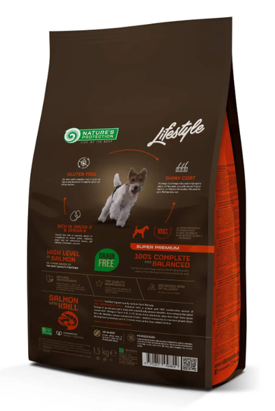 Сухий корм для собак малих порід, з лососем Nature's Protection Lifestyle Grain Free Salmon with krill Adult Small and Mini Breeds, 1,5 кг NPLS45680 фото